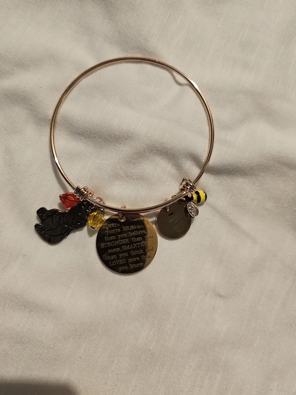 Rose Gold Inspirational Charm Bangle Bracelet with Yellow and Red Accents